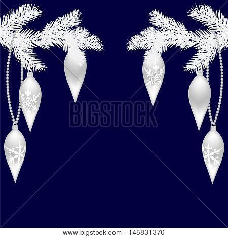 Two silver fir twigs with beautiful toys for the New Year. Christmas Spruce branches. Isolated on a blue background. Christmas vector illustration