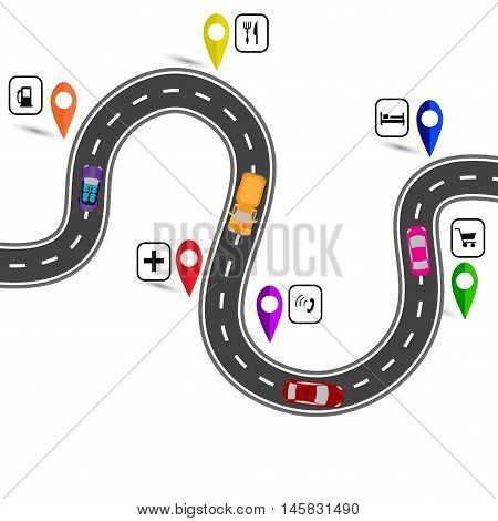 Winding road with signs. The path indicated by the navigator. Vector illustration