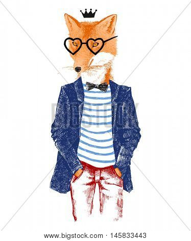 Colorful hand drawn dressed up fox in hipster style