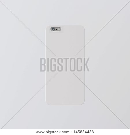 Closeup One Blank White Clean Template Plastic Cover Phone Case Smartphone Mockup.Generic Design Mobile Back Isolated Gray Empty Background.Ready Corporate Logo Label Message.3d rendering