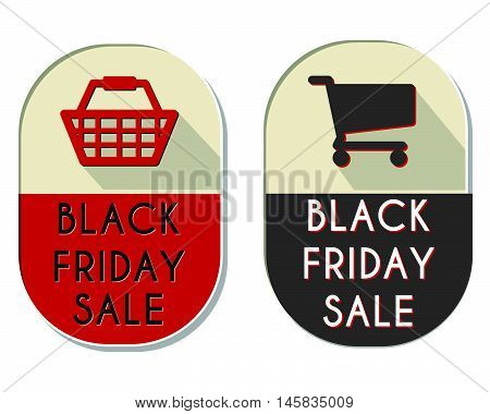 black friday sale with shopping basket and cart signs - two elliptic flat design labels, business holiday commerce concept, vector