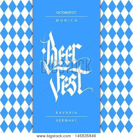 Oktoberfest card with handwritten inscription Beer Fest. Hand drawn lettering in national german style with blue rhombus. Vector illustration.