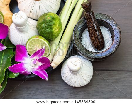 Natural Spa Ingredients herbal compress ball and herbal Ingredients for alternative medicine and relaxation Thai Spa theme with silk fabric , soft and select focus