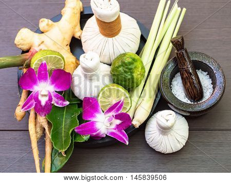 Natural Spa Ingredients herbal compress ball and herbal Ingredients for alternative medicine and relaxation Thai Spa theme with silk fabric , soft and select focus