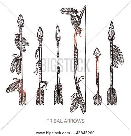 Hipster Hand Drawn Arrows. Indian Aroows And Bow Set