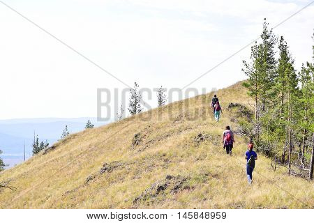 Not high relief mountain with tourists, trees and grass