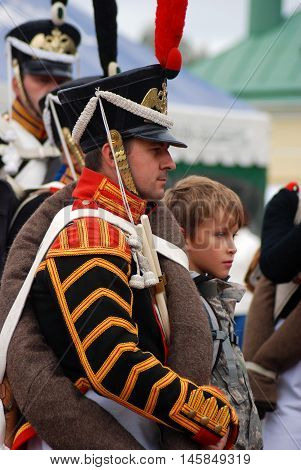 BORODINO MOSCOW REGION - SEPTEMBER 04 2016: Reenactors dressed as Napoleonic war soldiers at Borodino battle historical reenactment in Russia. Color photo.