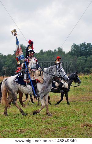 BORODINO MOSCOW REGION - SEPTEMBER 04 2016: Reenactors dressed as Napoleonic war soldiers at Borodino battle historical reenactment in Russia. Color photo.