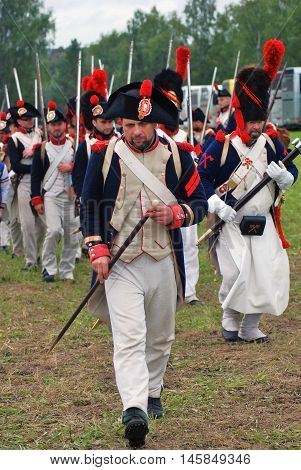 BORODINO MOSCOW REGION - SEPTEMBER 04 2016: Reenactors dressed as Napoleonic war soldiers at Borodino battle historical reenactment in Russia. Color photo.