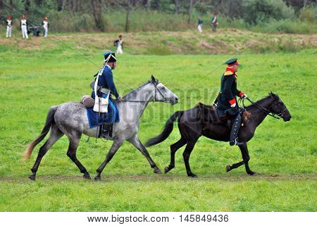 BORODINO MOSCOW REGION - SEPTEMBER 04 2016: Reenactors dressed as Napoleonic war soldiers at Borodino battle historical reenactment in Russia. Color photo.