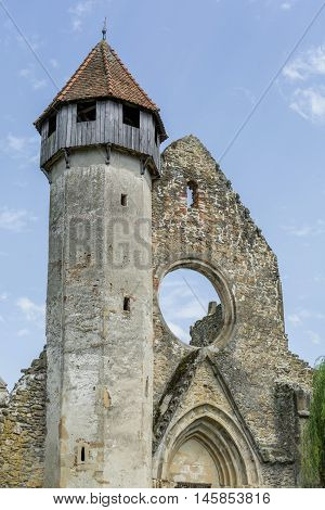 Ruins of medieval cistercian abbey in Transylvania, founded in 1202. Front view.