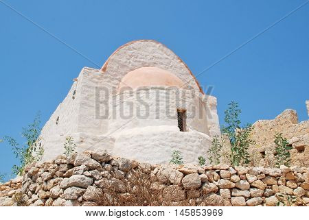 The restored chapel within the medieval Crusader Knights castle above Chorio on the Greek island of Halki.