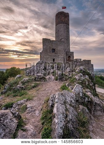 Ruins of medieval castle in Checiny over the sunset sky, Poland