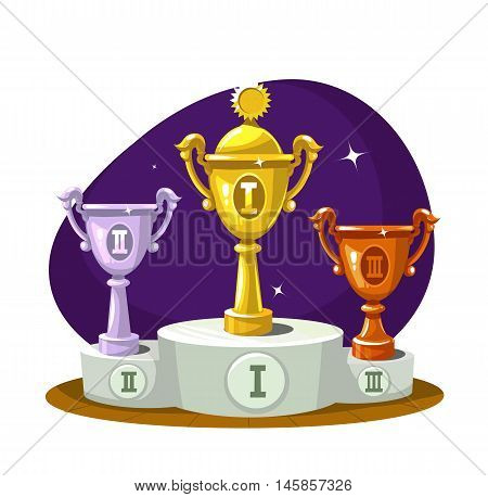 Cup winners on the podium. Gold, silver and bronze. Vector