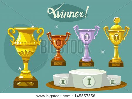Cup winners set. Gold, silver and bronze. Podium Vector illustration