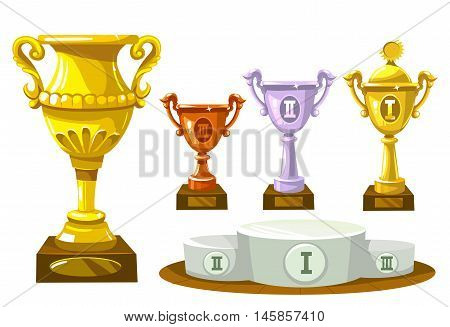 Winners set. Gold, silver and bronze cups. Podium Vector illustration