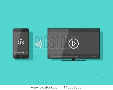 Mobile phone connected to TV streaming video vector illustration, flat screen TV wireless connection with smartphone and share content
