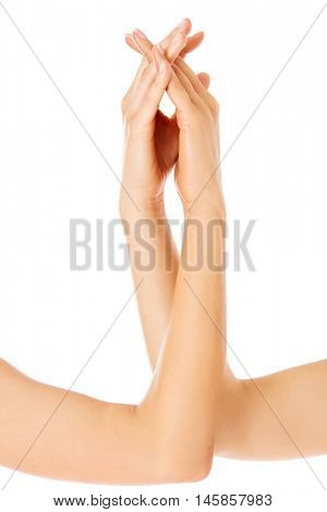 Hands of woman holding together