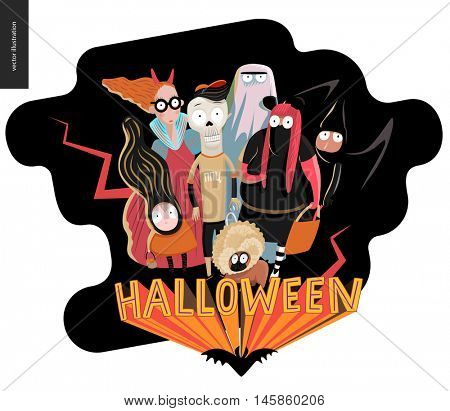 Happy Halloween greeting card with lettering. Vector cartoon illustrated group of kids wearing Halloween costumes and a french bulldog, scared by something.