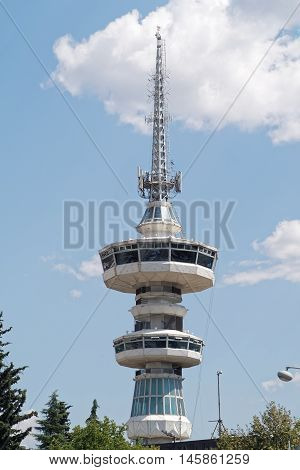 Thessaloniki, Greece - September 04 2016: OTE telecommunications tower. This 1966 tower stands 76 meters high from the ground. The top floor rotates, offering a city panorama.