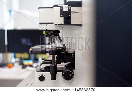 Study with a microscope in biology laboratories scientific activity biological microscope