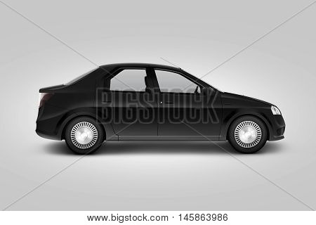 Blank black car design mockup isolated side view clipping path 3d illustration. Dark auto body mock up profile. Plain vechicle corporate branding. Sedan motor car presentation. Simple city machine