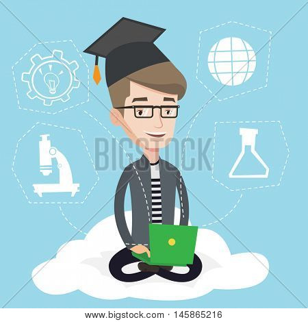 Graduate sitting on cloud with laptop on knees. Happy student in graduation cap working on computer. Concept of educational technology and graduation. Vector flat design illustration. Square layout.
