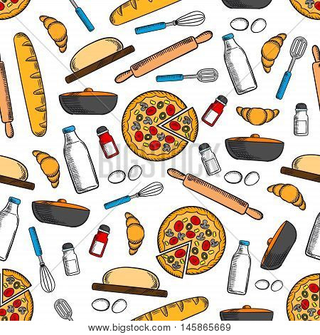 Cooking and kitchen utensils seamless background. Wallpaper with vector pattern icons of pizza, bread bagel, croissant, salt, pepper, rolling pin, whisk, milk bottle, eggs, spatula, frying pan