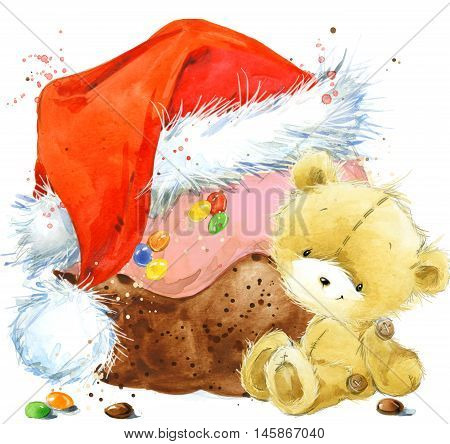 Christmas Card with Christmas cake. Watercolor Christmas cake illustration. Background for New Year invitation card.