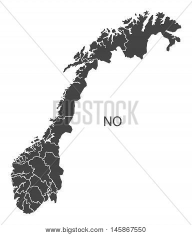 Norway grey map with regions isolated vector high res