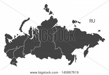 Russia grey map with regions isolated vector high res