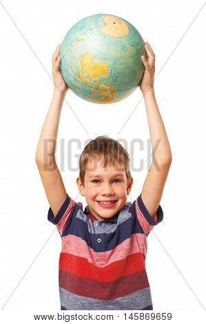 happy boy with the globe in hands. smiling child raised up a globe and holding it like a ball. the concept of education, peace in the world, traveling. looking at camera. isolated on white background