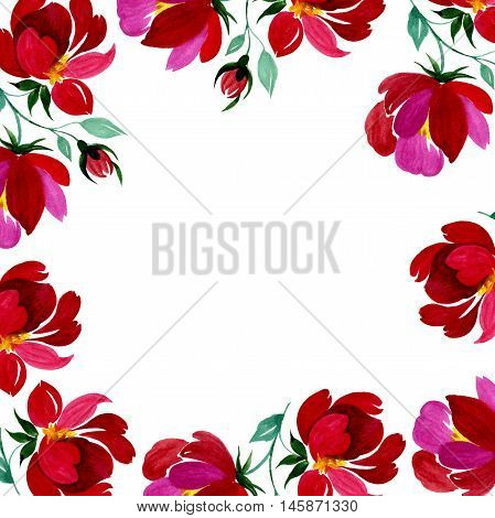 Hand drawn poster with colorful flowers illustration in watercolor. Could be used for: romantic decoration, background for cards, wedding or greeting.