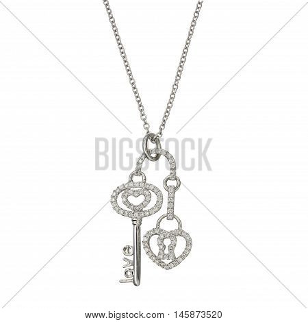 White gold chain with pendant in the shape of a key and lock