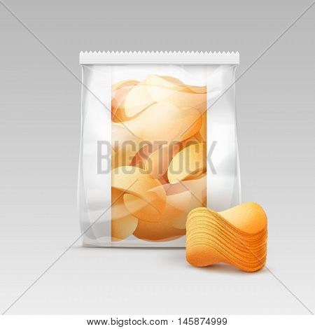 Vector White Vertical Sealed Transparent Plastic Bag for Package Design with Stack of Potato Crispy Chips Close up Isolated on White Background