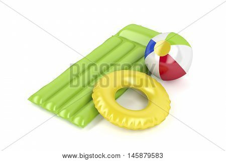 Pool raft beach ball and swim ring on white background, 3D illustration