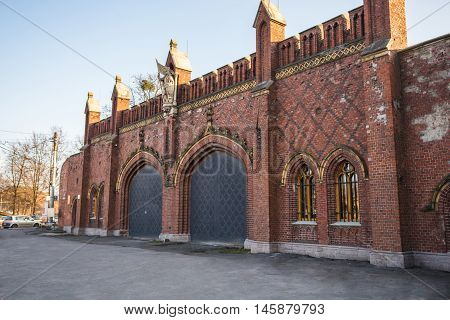 Cultural monuments, Kaliningrad, Russia, November 25, 2015 - German pre-war building, red brick, fortress Konigsberg, Kaliningrad cultural monuments