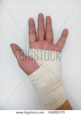 MALACCA, MALAYSIA -MARCH 09, 2016: Left wrist injury and wrap with bandage