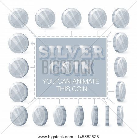 Coins rotation frames for web game or app interface. Silver coins. Coins for animation.