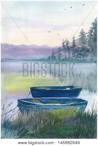 Watercolor boat on the river in harmony with nature. Could be used for: posters, cards, invitations and greetings.