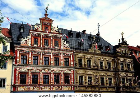 Erfurt Germany - JUne 2 2013: 1584 Renaissance Zum Breiten Herd Haus with bas relief designs and statues in the Fischmarkt (fish market square)