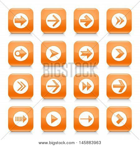 16 arrow icon set 03. White sign on orange rounded square button with gray reflection black shadow on white background. Glossy style. Vector illustration web design element save in 8 eps