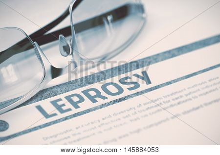 Leprosy - Medical Concept on Blue Background with Blurred Text and Composition of Spectacles. Leprosy - Medical Concept with Blurred Text and Glasses on Blue Background. Selective Focus. 3D Rendering.