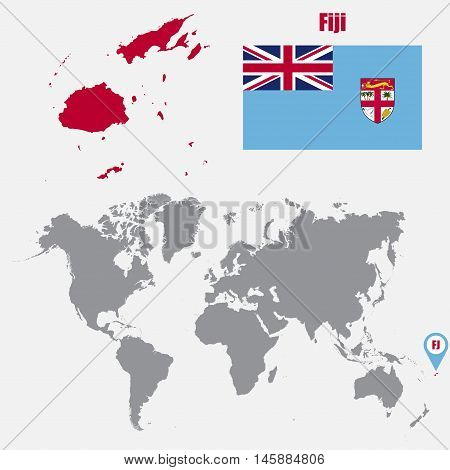 Fiji map on a world map with flag and map pointer. Vector illustration