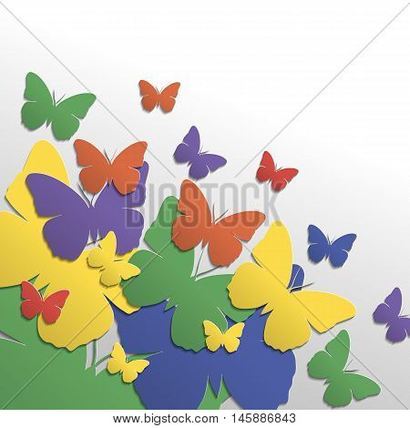 Abstract 3D decorative design is created of many colored paper-butterflies. Origami with color light and shadow
