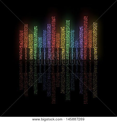Colored Luminous Equalizer And Piano With Notes And Reflection