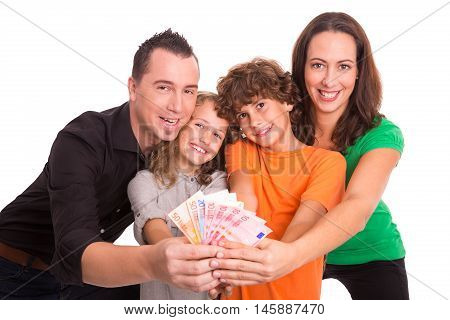 Family of four holding Euro banknotes in their hands