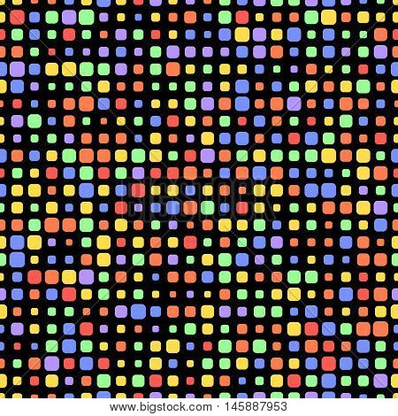Colored squares of different sizes. Black background. Seamless pattern
