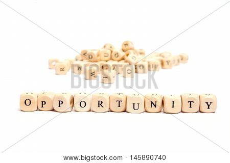word with dice on white background - opportunity