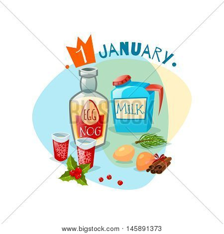 Emblem with ingredients for eggnog. Vector Christmas Eggnog. Vector illustration